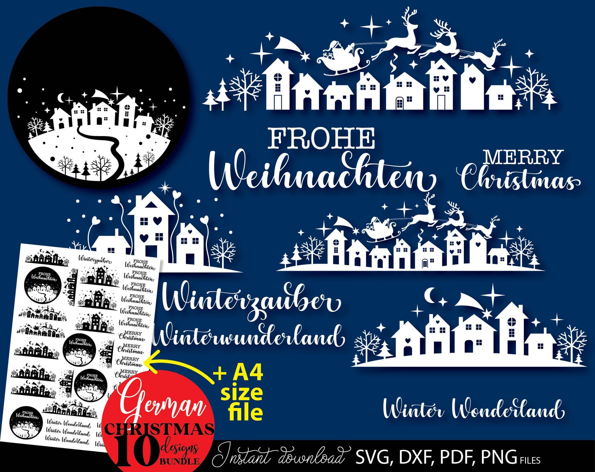 Weihnachten Häuser svg Plotterdatei Bundle for Your Christmas deko. SVG DXF PDF PNG files included. Compatible with Cricut, Silhouette, printers etc. Cut from vinyl, use for sublimation, laser cut or kerzen stickers making projects.