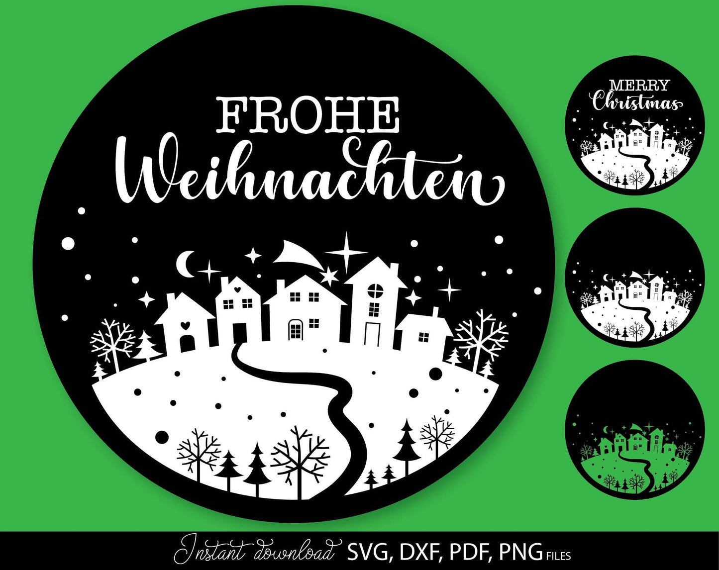 Weihnachten Häuser svg Plotterdatei for Your Frohe Weihnachten deko. SVG DXF PDF PNG files included. Compatible with Cricut, Silhouette, printers etc. Cut from vinyl, use for sublimation, laser cut or kerzen stickers making projects.