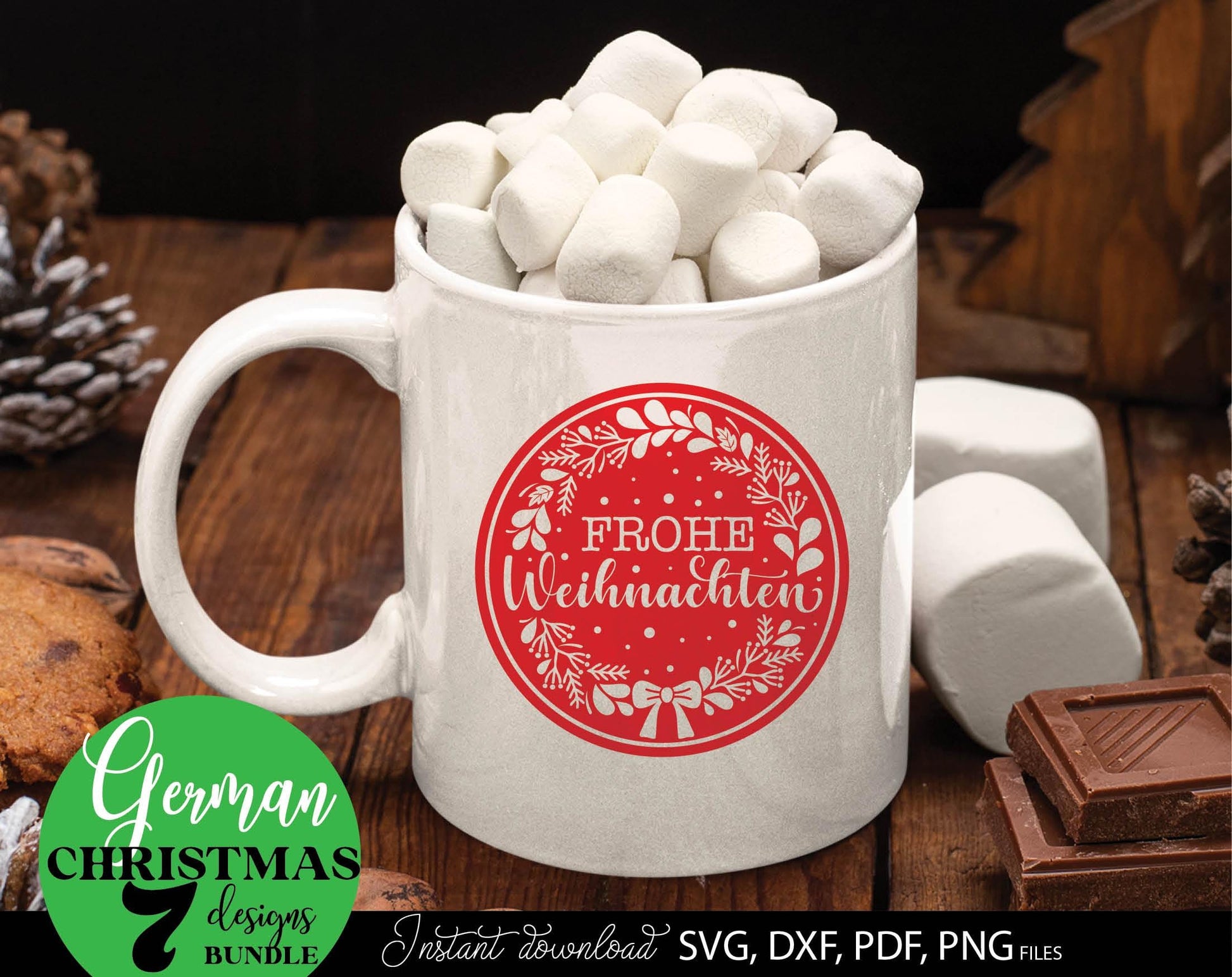 Frohe Weinachten ornaments bundle for Your Christmas decoration. SVG DXF PDF PNG files included. Cut form vinyl, use for sublimation, laser cut or Christmas candles stickers. Buy now for a good price and enjoy. Compatible with Cricut, Silhouette.