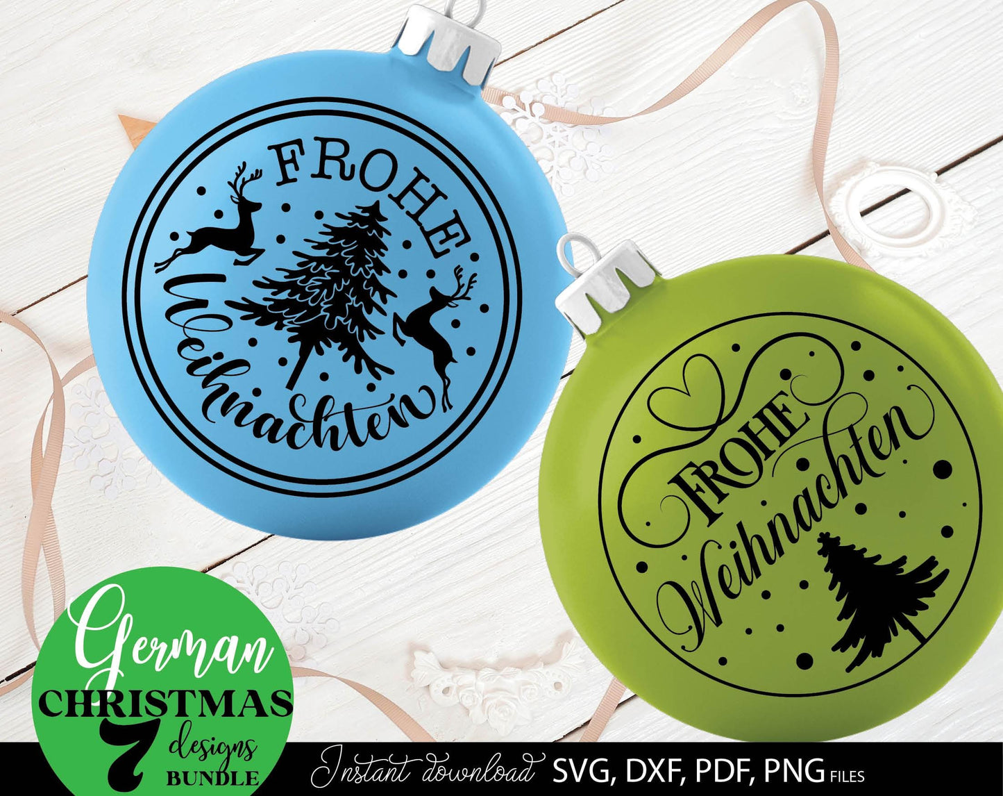 Frohe Weinachten ornaments bundle for Your Christmas decoration. SVG DXF PDF PNG files included. Cut form vinyl, use for sublimation, laser cut or Christmas candles stickers. Buy now for a good price and enjoy. Compatible with Cricut, Silhouette.