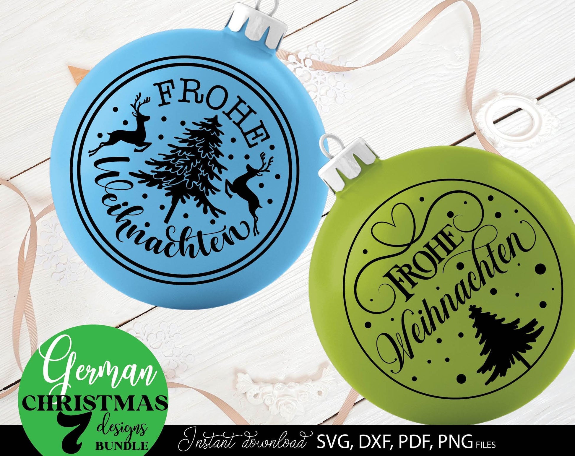 Frohe Weinachten ornaments bundle for Your Christmas decoration. SVG DXF PDF PNG files included. Cut form vinyl, use for sublimation, laser cut or Christmas candles stickers. Buy now for a good price and enjoy. Compatible with Cricut, Silhouette.