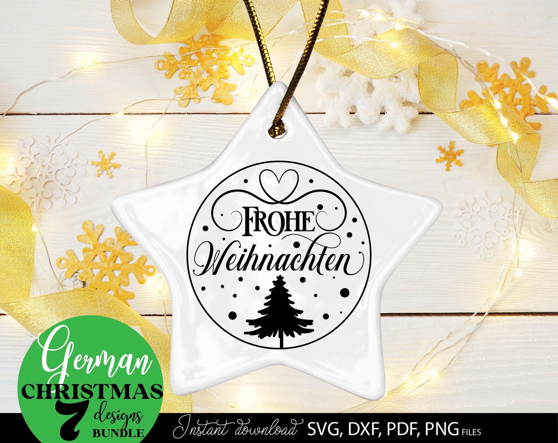 Frohe Weinachten ornaments bundle for Your Christmas decoration. SVG DXF PDF PNG files included. Cut form vinyl, use for sublimation, laser cut or Christmas candles stickers. Buy now for a good price and enjoy. Compatible with Cricut, Silhouette.