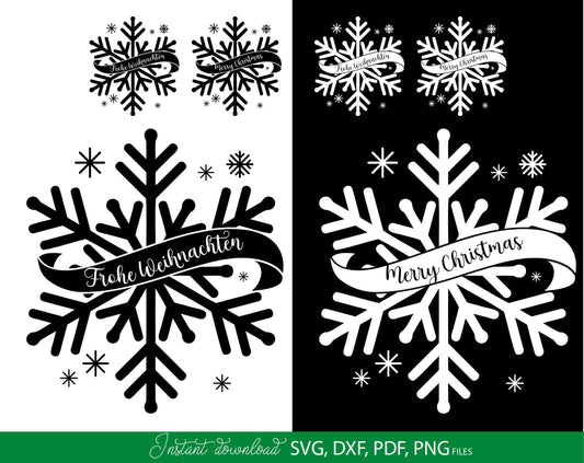 German Frohe Weihnachten Schneeflocke Plotterdatei. Svg Png Dxf Pdf files included. Compatible with Cricut, Silhouette or other equipment. Cut from vinyl, use for sublimation. laser cut or candle stickers projects. Buy now for a good price and enjoy!