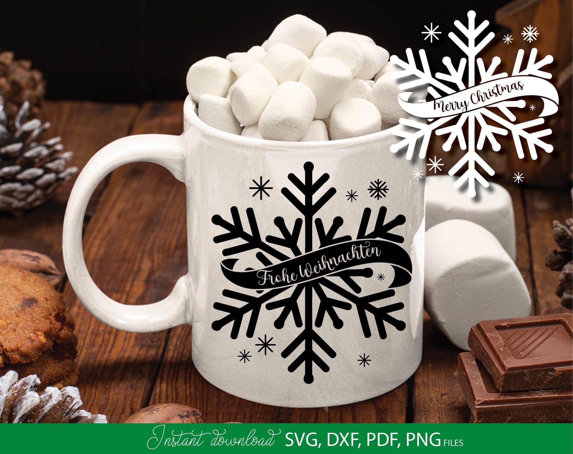 German Frohe Weihnachten Schneeflocke Plotterdatei. Svg Png Dxf Pdf files included. Compatible with Cricut, Silhouette or other equipment. Cut from vinyl, use for sublimation. laser cut or candle stickers projects. Buy now for a good price and enjoy!