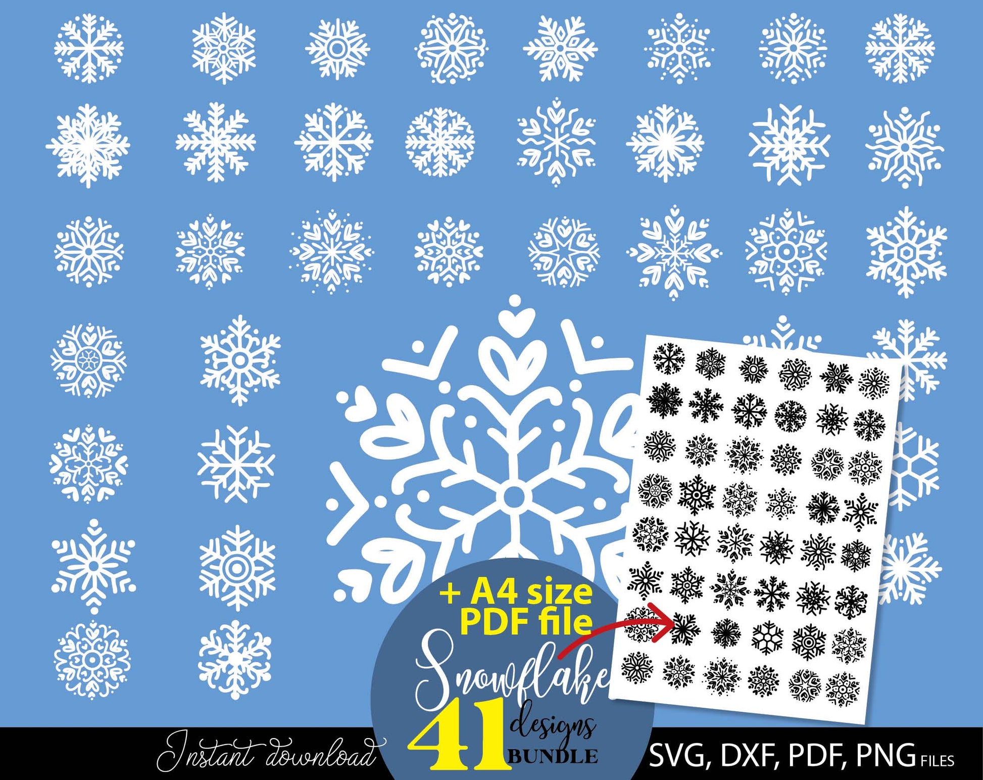 Schneeflocke Plotterdatei Bundle for Your Weihnachtsdeko projects. SVG DXF PDF PNG files included. Compatible with Cricut, Silhouette. Cut form vinyl, use for sublimation, printing as candles tattoo or laser cut projects. Buy now for a good price!