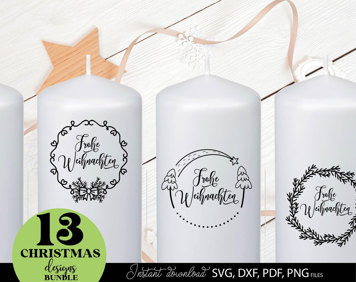 Frohe Weinachten ornaments bundle for Your Christmas decoration. SVG DXF PDF PNG files included. Cut form vinyl, use for sublimation, laser cut or Christmas candles stickers. Buy now for a good price and enjoy. Compatible with Cricut, Silhouette.