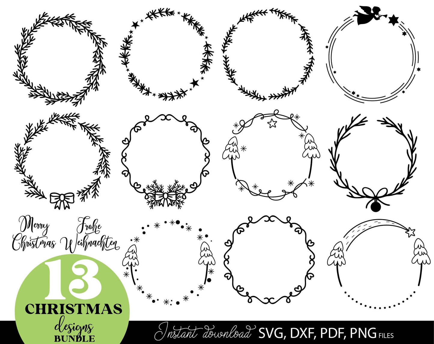 Frohe Weinachten ornaments bundle for Your Christmas decoration. SVG DXF PDF PNG files included. Cut form vinyl, use for sublimation, laser cut or Christmas candles stickers. Buy now for a good price and enjoy. Compatible with Cricut, Silhouette.