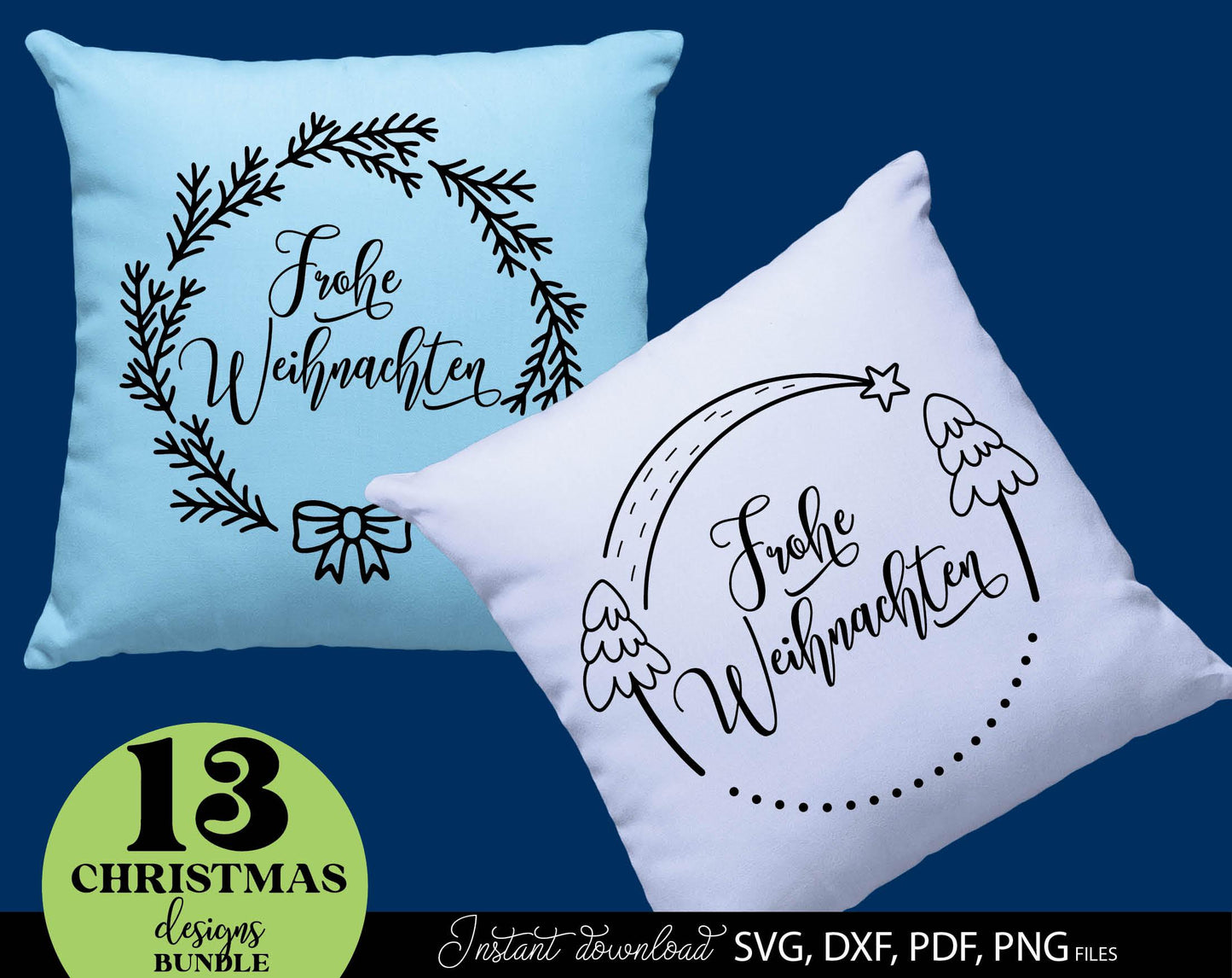 Frohe Weinachten ornaments bundle for Your Christmas decoration. SVG DXF PDF PNG files included. Cut form vinyl, use for sublimation, laser cut or Christmas candles stickers. Buy now for a good price and enjoy. Compatible with Cricut, Silhouette.