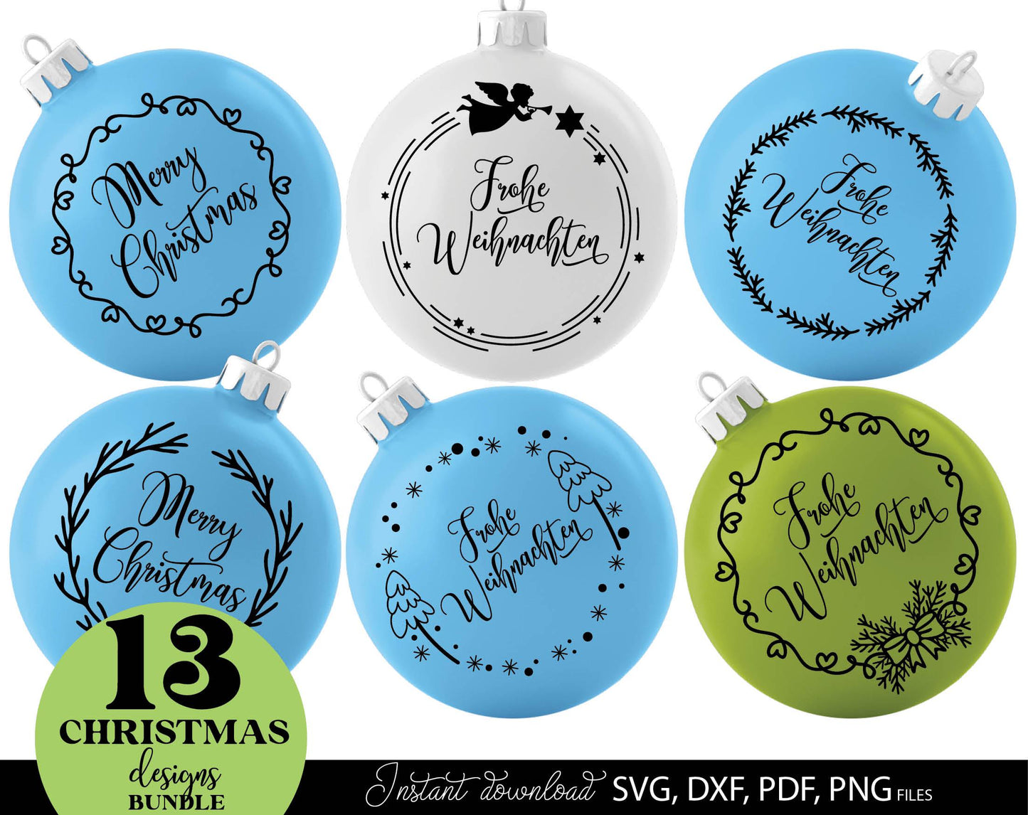 Frohe Weinachten ornaments bundle for Your Christmas decoration. SVG DXF PDF PNG files included. Cut form vinyl, use for sublimation, laser cut or Christmas candles stickers. Buy now for a good price and enjoy. Compatible with Cricut, Silhouette.