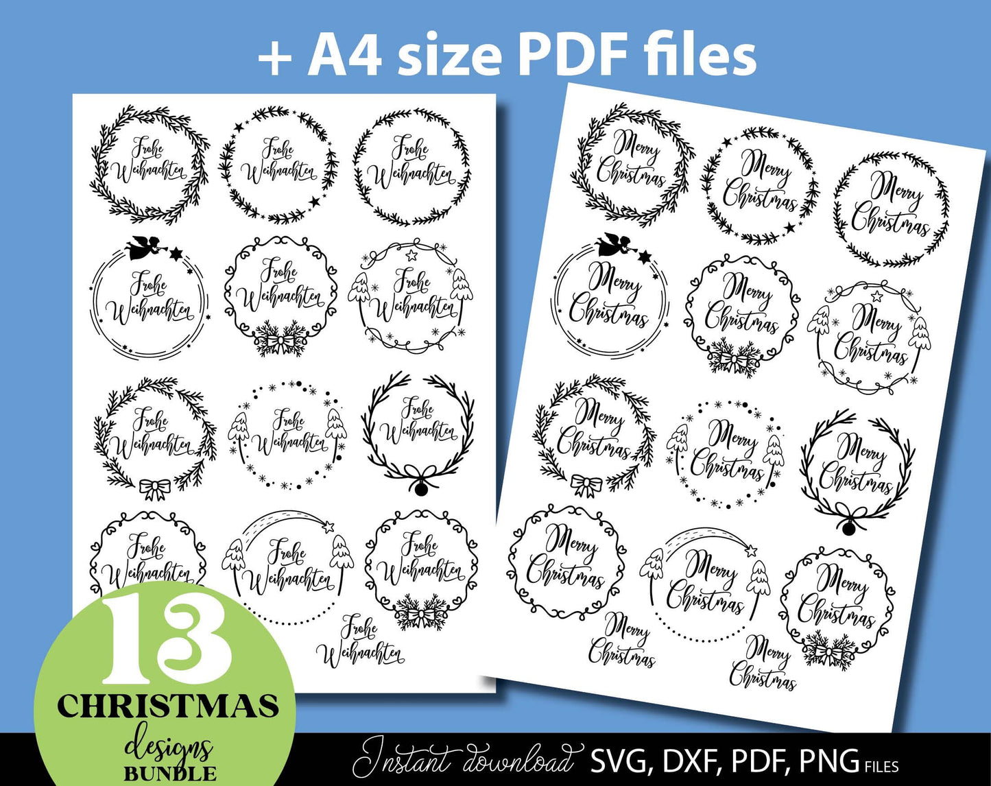 Frohe Weinachten ornaments bundle for Your Christmas decoration. SVG DXF PDF PNG files included. Cut form vinyl, use for sublimation, laser cut or Christmas candles stickers. Buy now for a good price and enjoy. Compatible with Cricut, Silhouette.