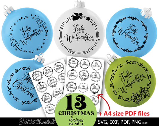 Frohe Weinachten ornaments bundle for Your Christmas decoration. SVG DXF PDF PNG files included. Cut form vinyl, use for sublimation, laser cut or Christmas candles stickers. Buy now for a good price and enjoy. Compatible with Cricut, Silhouette.