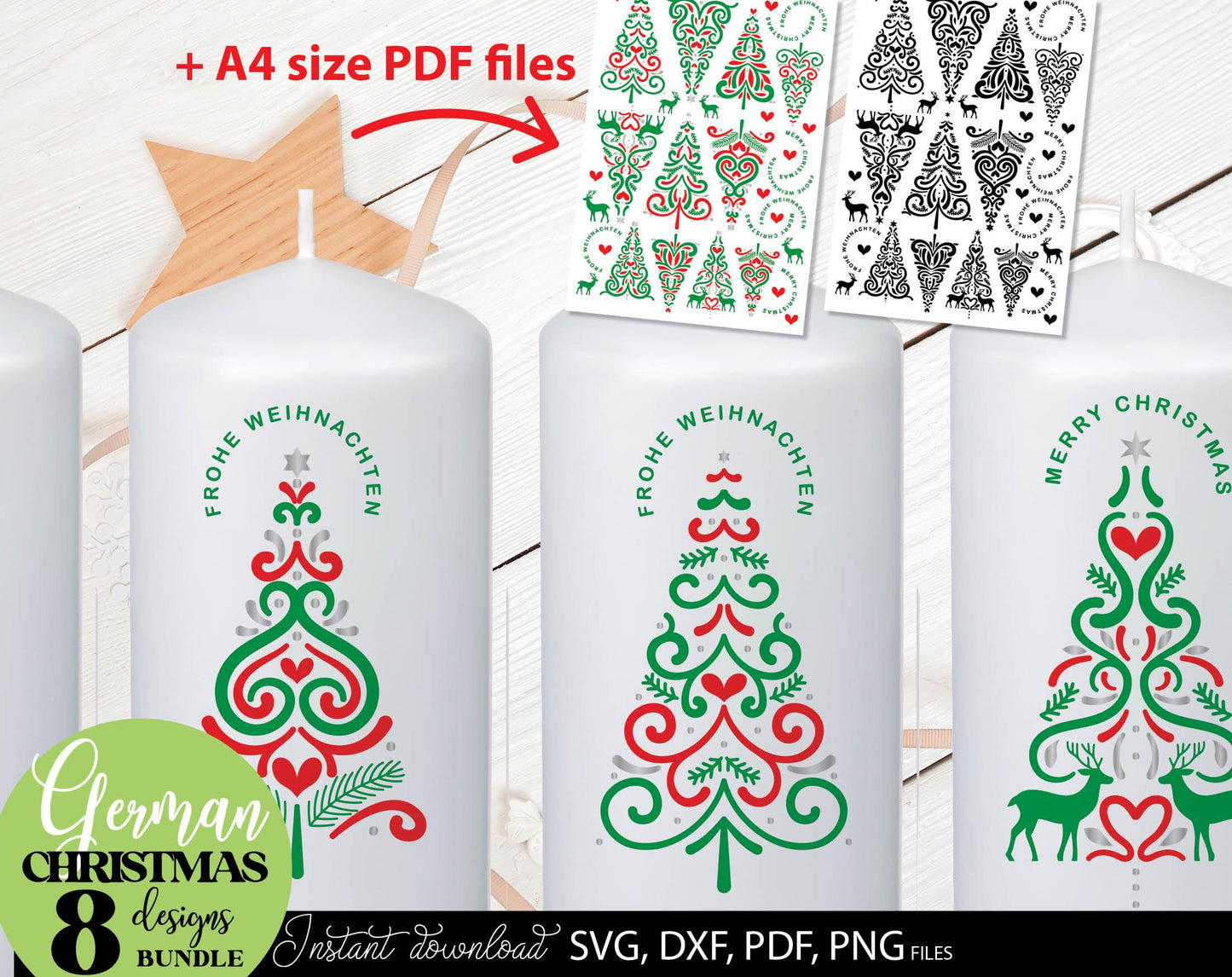 Weihnachtsbaum Weihnachten PDF Vorlage kerzen tattoo. SVG DXF PDF PNG files included. Compatible with Cricut, Silhouette. Cut from vinyl, use for sublimation, laser cut, kerzen tattoo or other projects. Buy now for a good price and enjoy!