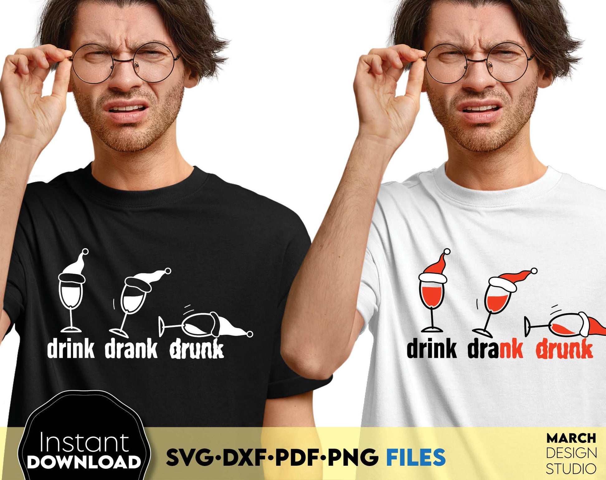 Drink Drank Drunk Christmas Drinking Wine Shirt Design. Png Svg Pdf Dxf files included. Compatible with Cricut, Silhouette or other equipment. Cut from vinyl, use for sublimation, laser cut, grave, DTF print or other projects. Buy now and enjoy!