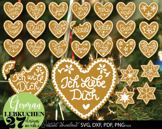 Lebkuchenherz Quotes plotter file bundle. SVG PNG DXF PDF files included. Christmas Ornament in various fail formats allow you to use this files for any Your Christmas project. Compatible with Cricut, Silhouette or Glowforge.