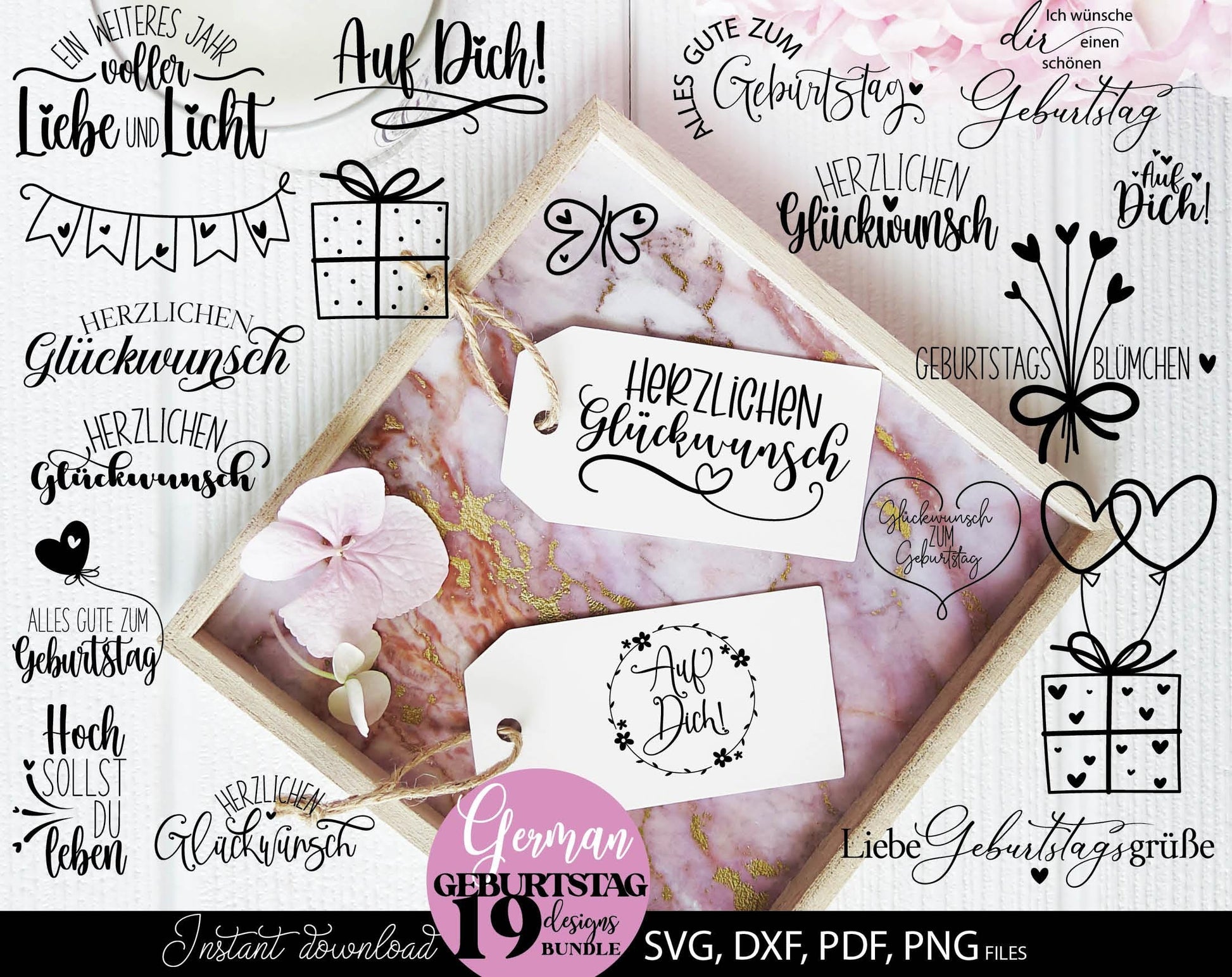 Plotterdatei Geburtstag Geburtstagssprüche bundle. Svg Png Dxf Pdf files included. Compatible with Cricut, Silhouette or other equipment. Cut from vinyl, use for sublimation or laser cut, printing, DTF printing or other projects. Buy now and enjoy!