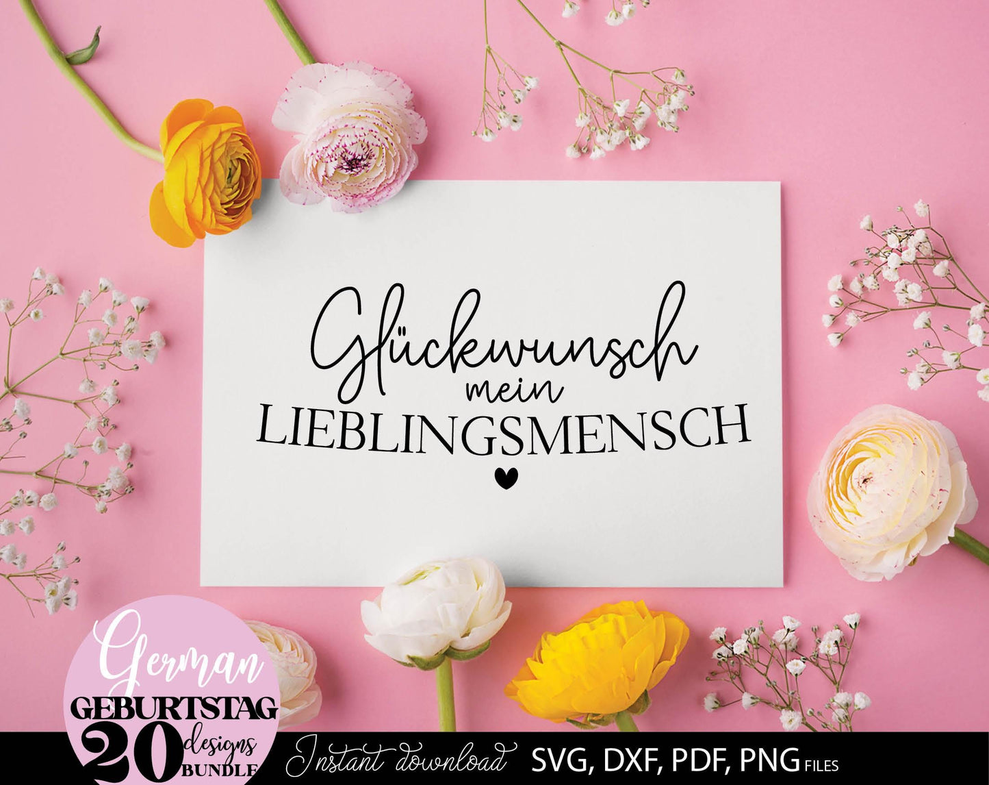 Deutsche Sprüche Geburtstag plotterdatei bundle. Svg Png Dxf Pdf files included. Compatible with Cricut, Silhouette or other equipment. Cut from vinyl, use for sublimation, laser cut or grave, sublimation or DTF printing projects. Buy now and enjoy!