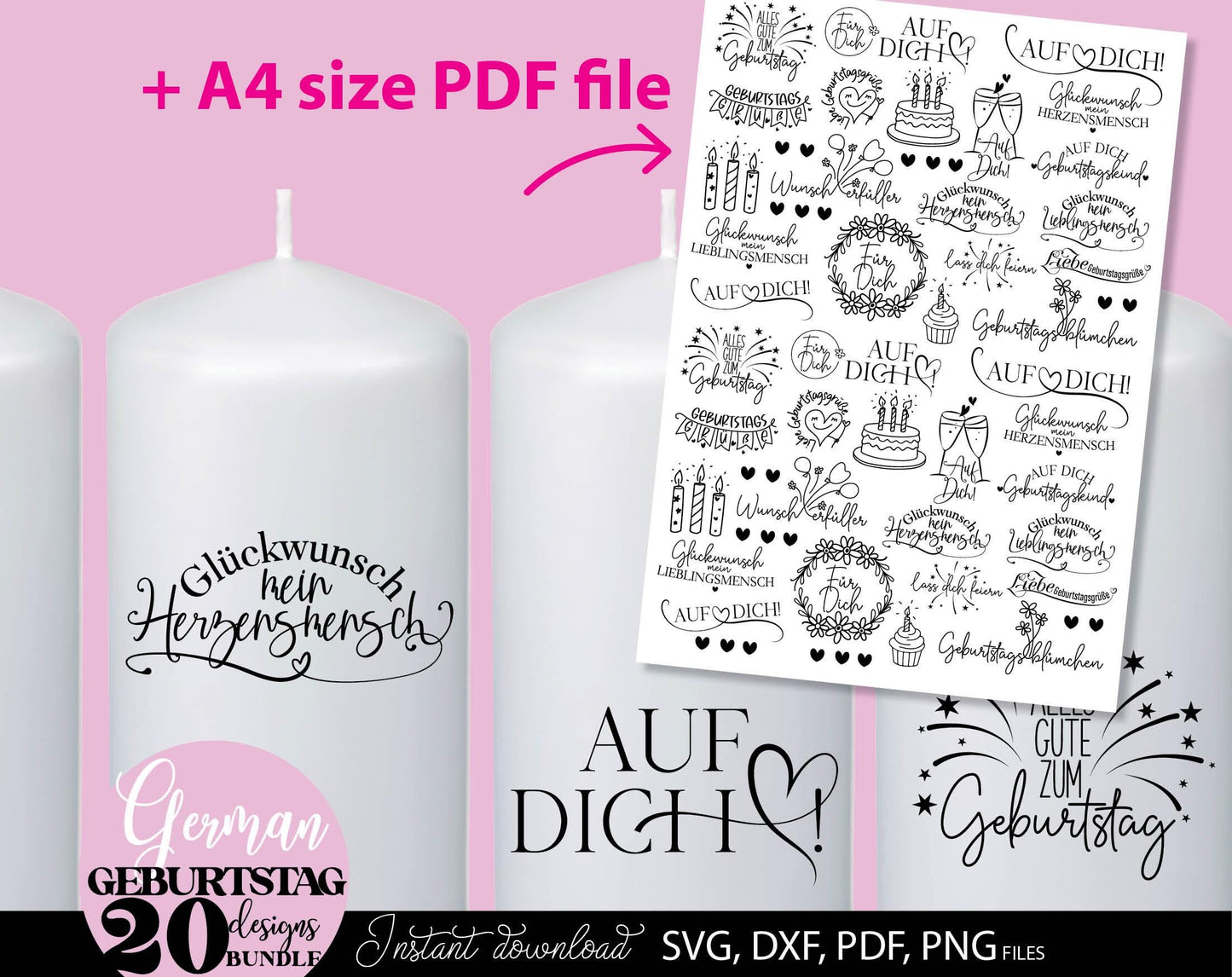 Deutsche Sprüche Geburtstag plotterdatei bundle. Svg Png Dxf Pdf files included. Compatible with Cricut, Silhouette or other equipment. Cut from vinyl, use for sublimation, laser cut or grave, sublimation or DTF printing projects. Buy now and enjoy!