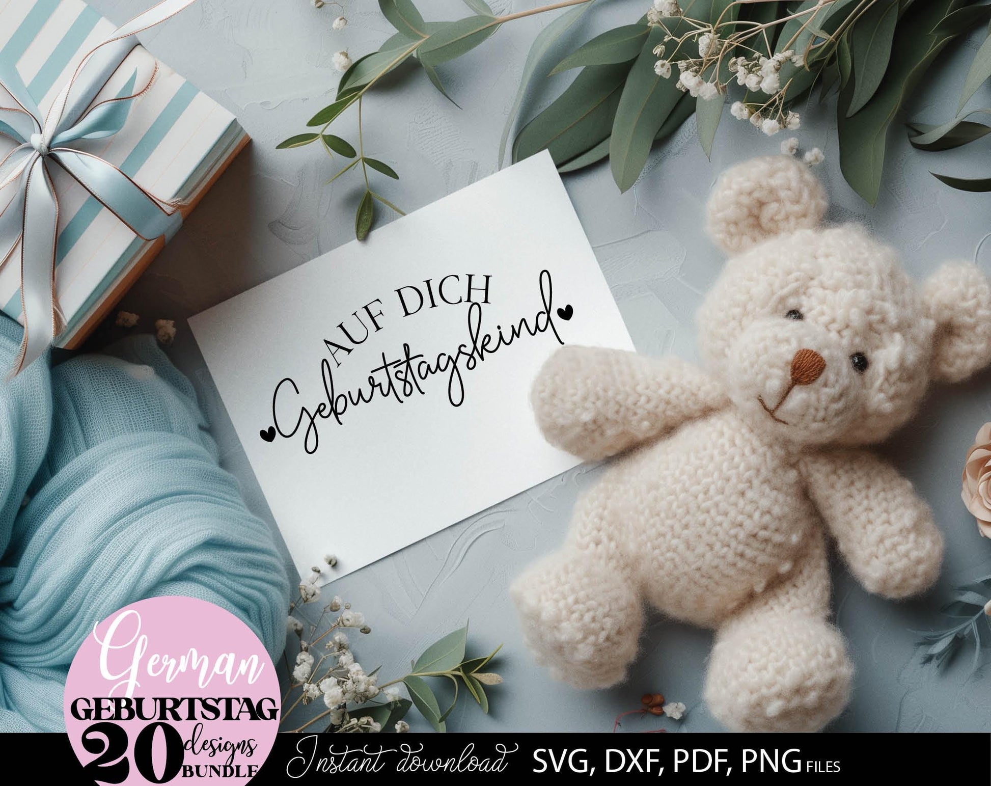 Deutsche Sprüche Geburtstag plotterdatei bundle. Svg Png Dxf Pdf files included. Compatible with Cricut, Silhouette or other equipment. Cut from vinyl, use for sublimation, laser cut or grave, sublimation or DTF printing projects. Buy now and enjoy!