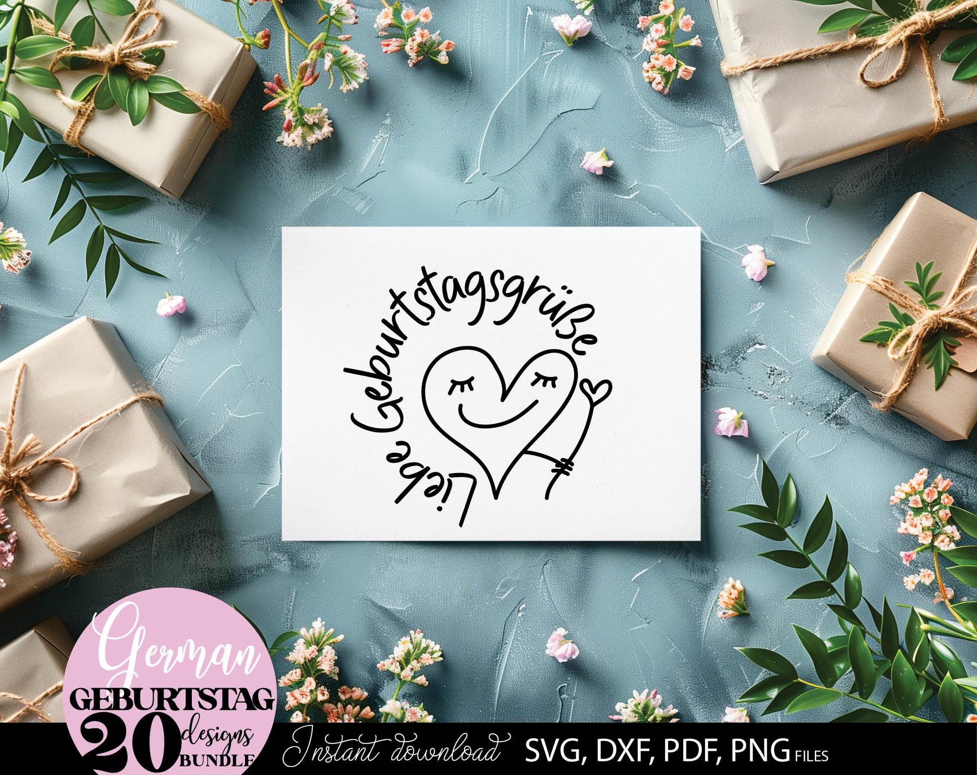 Deutsche Sprüche Geburtstag plotterdatei bundle. Svg Png Dxf Pdf files included. Compatible with Cricut, Silhouette or other equipment. Cut from vinyl, use for sublimation, laser cut or grave, sublimation or DTF printing projects. Buy now and enjoy!