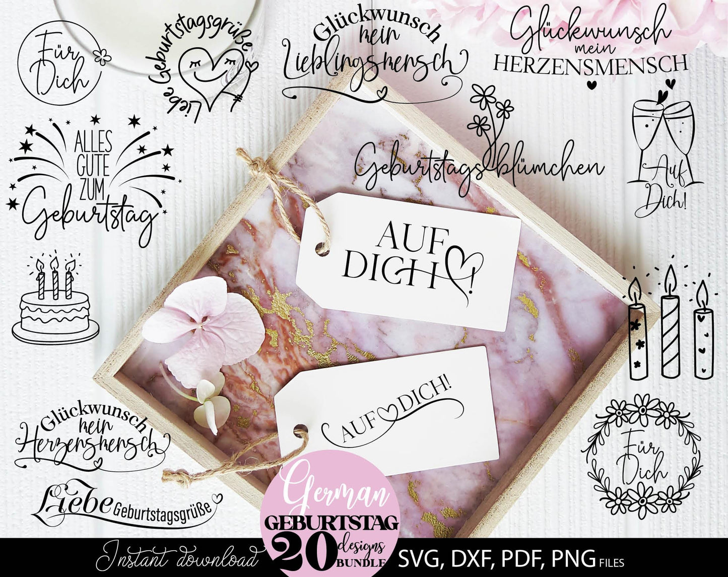 Deutsche Sprüche Geburtstag plotterdatei bundle. Svg Png Dxf Pdf files included. Compatible with Cricut, Silhouette or other equipment. Cut from vinyl, use for sublimation, laser cut or grave, sublimation or DTF printing projects. Buy now and enjoy!