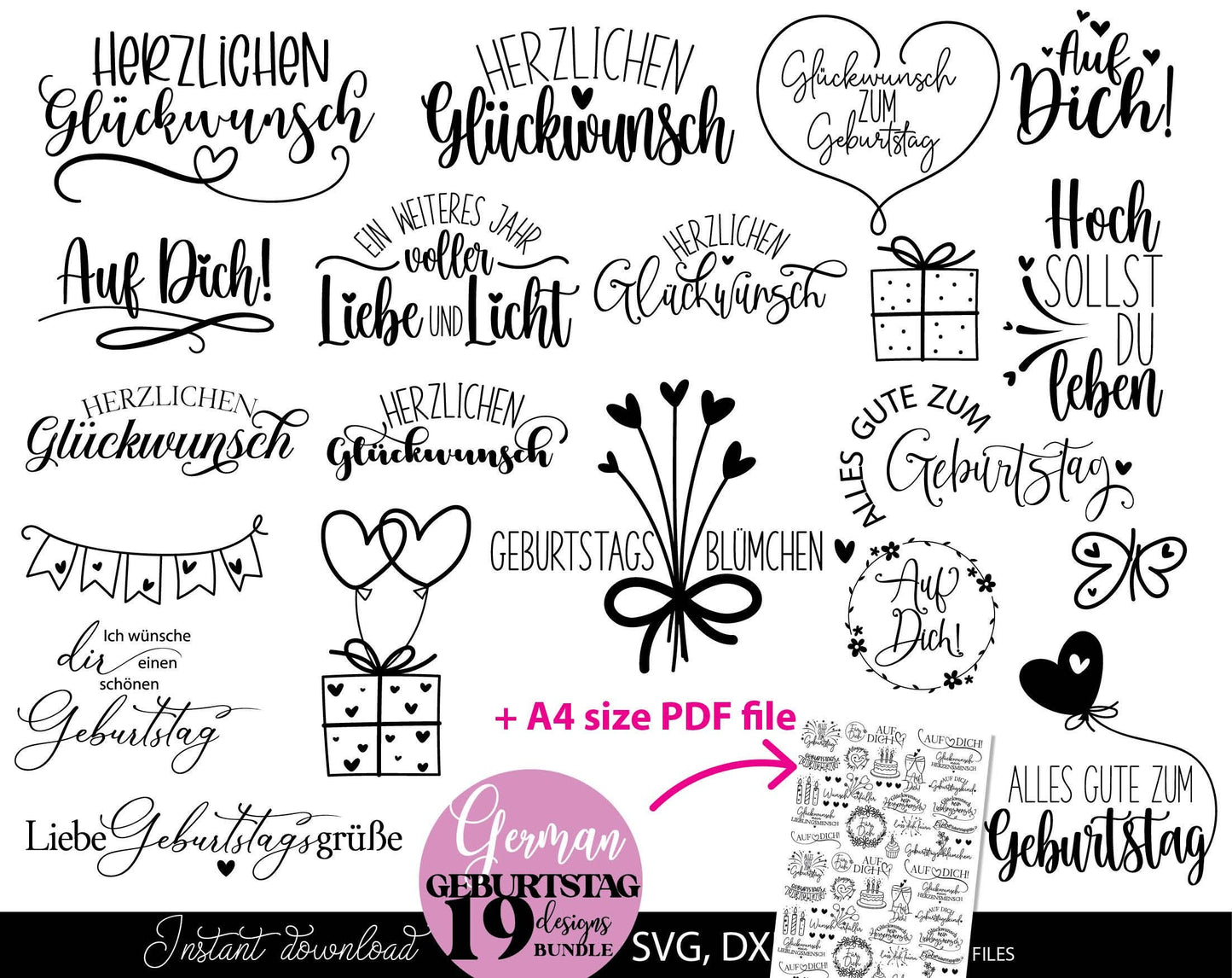 Plotterdatei Geburtstag Geburtstagssprüche bundle. Svg Png Dxf Pdf files included. Compatible with Cricut, Silhouette or other equipment. Cut from vinyl, use for sublimation or laser cut, printing, DTF printing or other projects. Buy now and enjoy!