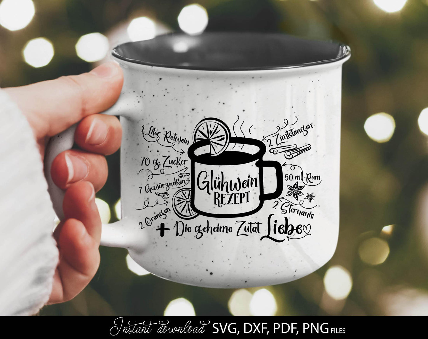 Funny Glühwein Rezept on to Weihnachten mug German Plotter file. SVG DXF PDF PNG files included. Compatible with Cricut, Silhouette Studio or other. Cut from vinyl, use for sublimation, laser cut or grave projects. Buy now fora a good price and enjoy