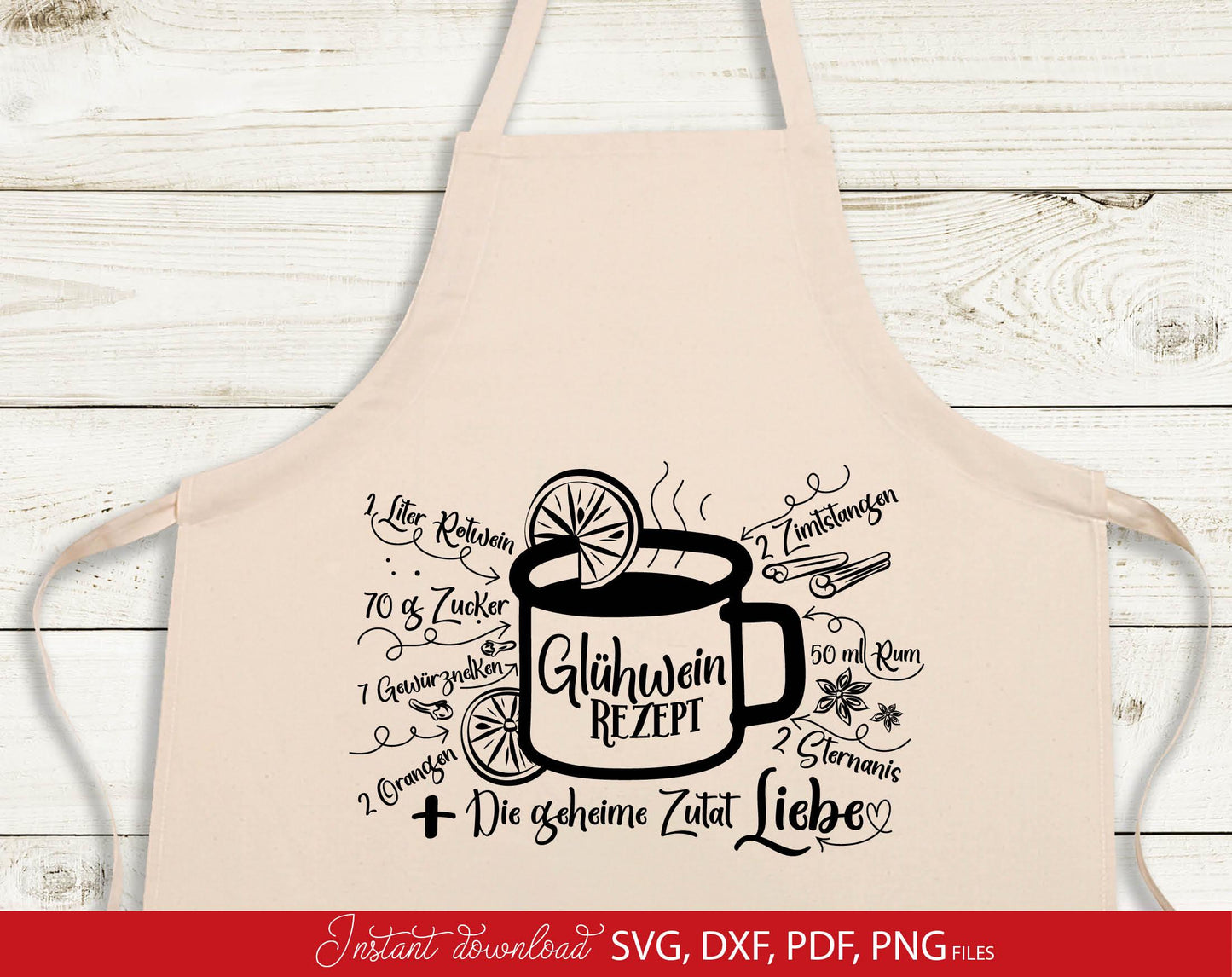 Funny Glühwein Rezept on to Weihnachten mug German Plotter file. SVG DXF PDF PNG files included. Compatible with Cricut, Silhouette Studio or other. Cut from vinyl, use for sublimation, laser cut or grave projects. Buy now fora a good price and enjoy