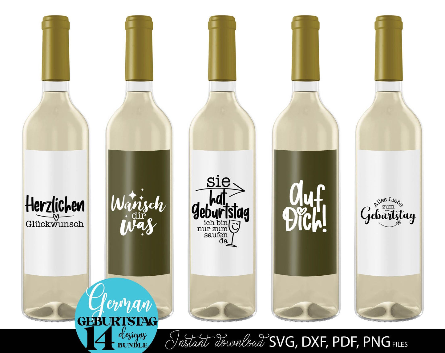 Deutsche Sprüche Geburtstag plotterdatei bundle. Svg Png Dxf Pdf files included. Compatible with Cricut, Silhouette or other equipment. Cut from vinyl, use for sublimation, laser cut or grave, sublimation or DTF printing projects. Buy now and enjoy!