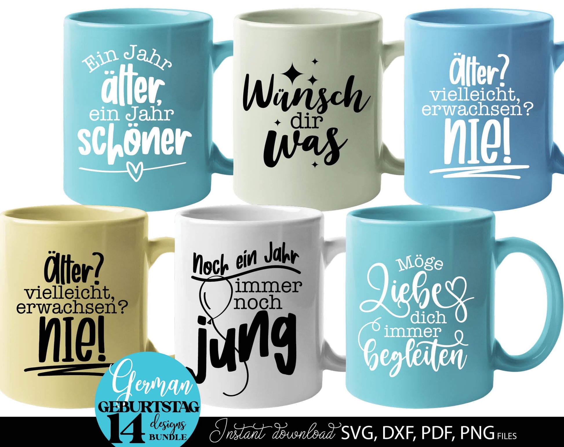 Deutsche Sprüche Geburtstag plotterdatei bundle. Svg Png Dxf Pdf files included. Compatible with Cricut, Silhouette or other equipment. Cut from vinyl, use for sublimation, laser cut or grave, sublimation or DTF printing projects. Buy now and enjoy!