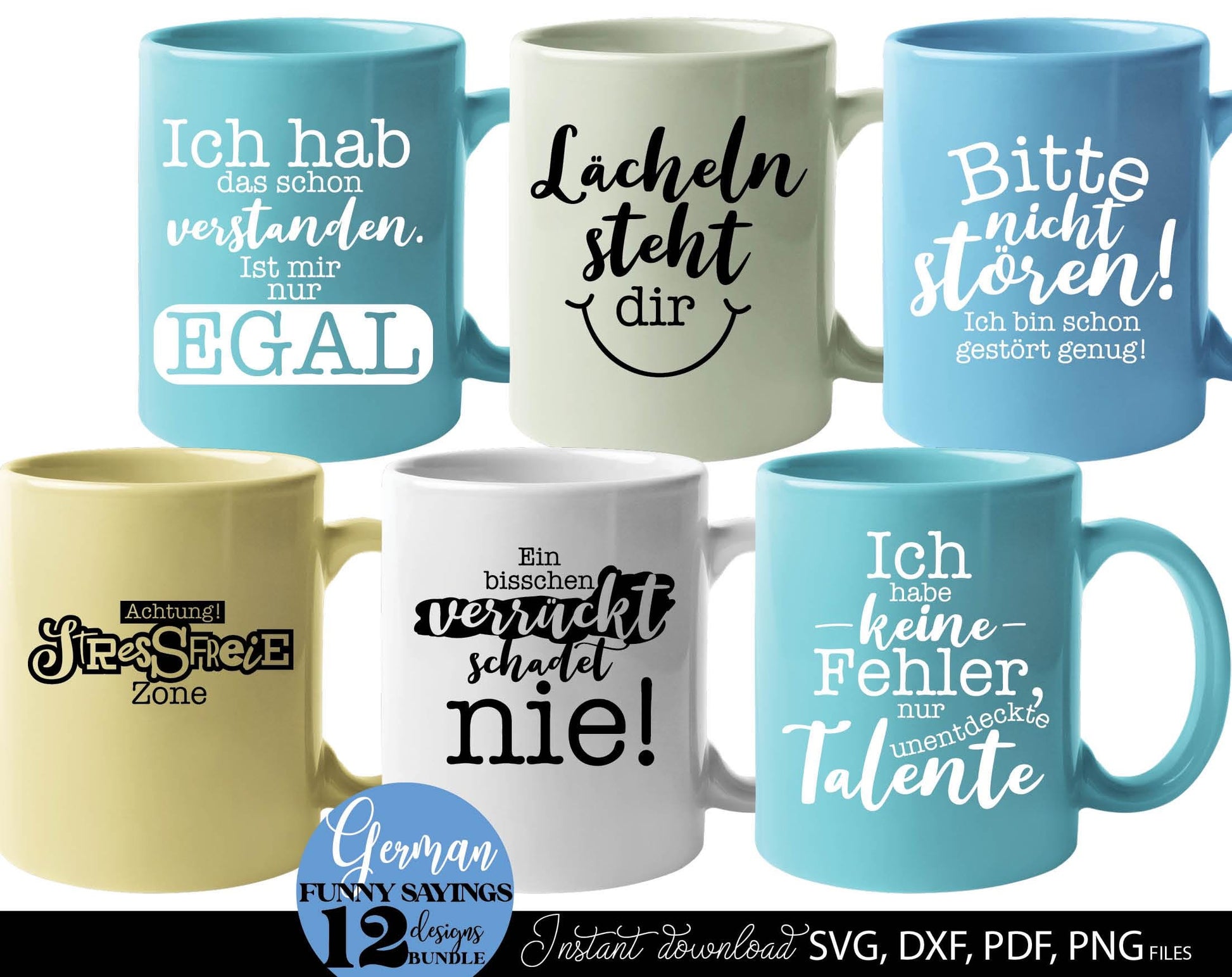 Funny German Sayings plotterdatei bundle. SVG DXF PDF PNG files included. Compatible with Cricut, Silhouette or other equipment. Cut from vinyl, use for sublimation, laser cut or grave, printing or DTF printing projects. Buy now for a good price.