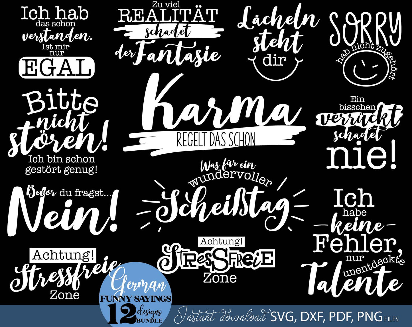 Funny German Sayings plotterdatei bundle. SVG DXF PDF PNG files included. Compatible with Cricut, Silhouette or other equipment. Cut from vinyl, use for sublimation, laser cut or grave, printing or DTF printing projects. Buy now for a good price.