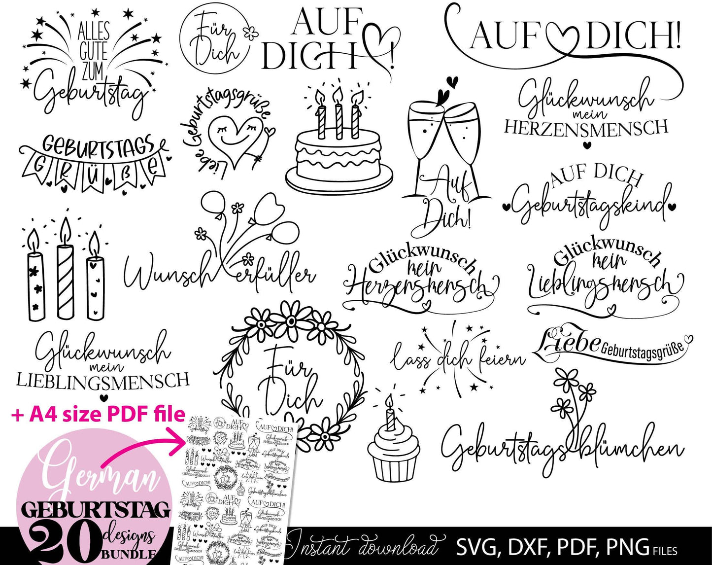 Deutsche Sprüche Geburtstag plotterdatei bundle. Svg Png Dxf Pdf files included. Compatible with Cricut, Silhouette or other equipment. Cut from vinyl, use for sublimation, laser cut or grave, sublimation or DTF printing projects. Buy now and enjoy!