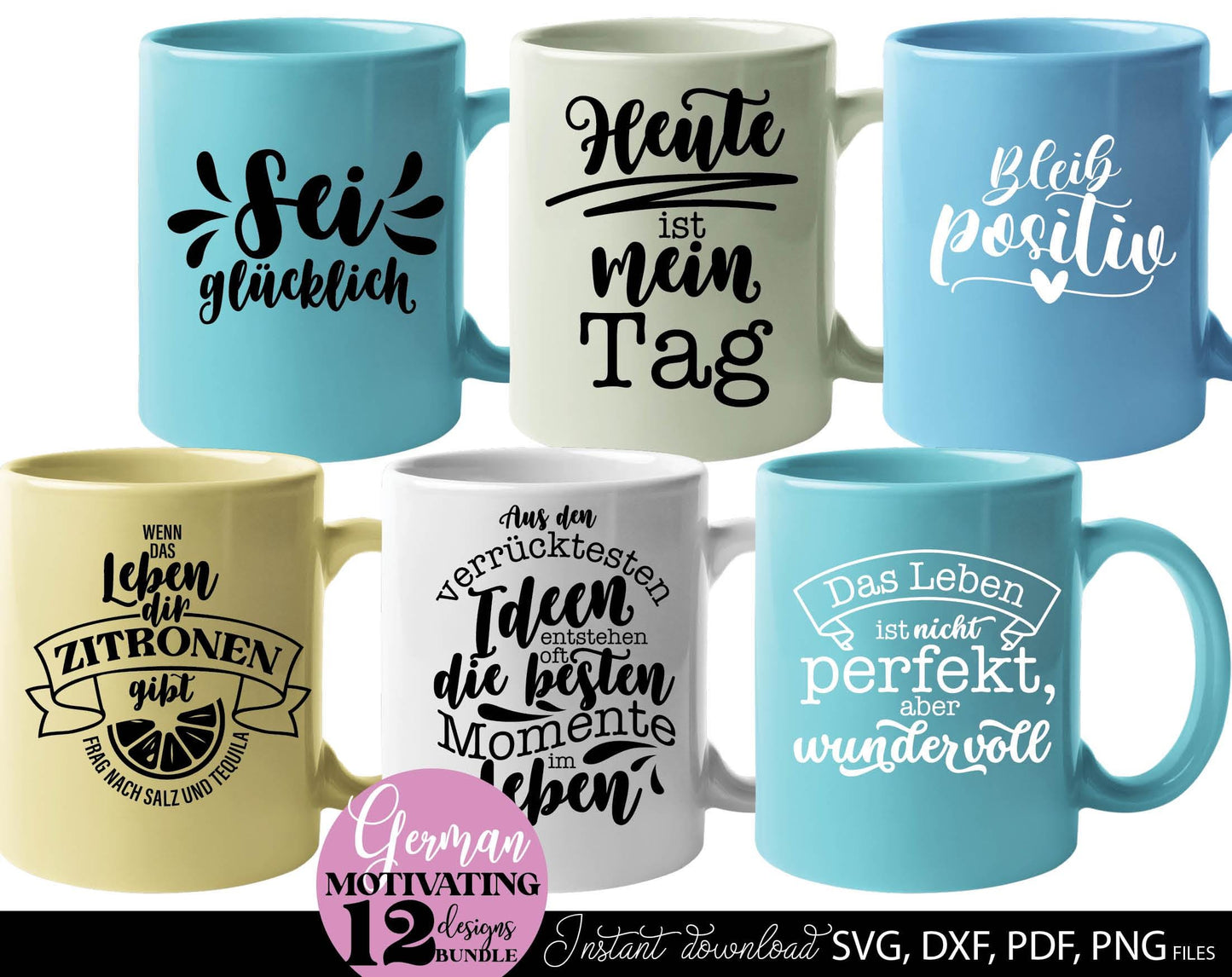 German Motivational Quotes Plotter File SVG, PNG DXF JPG and PDF files included. Compatible with Cricut, Silhouette, Glowforge or other machines. Use for sublimation or laser cut projects as well. Buy now and enjoy! Discount prices available.