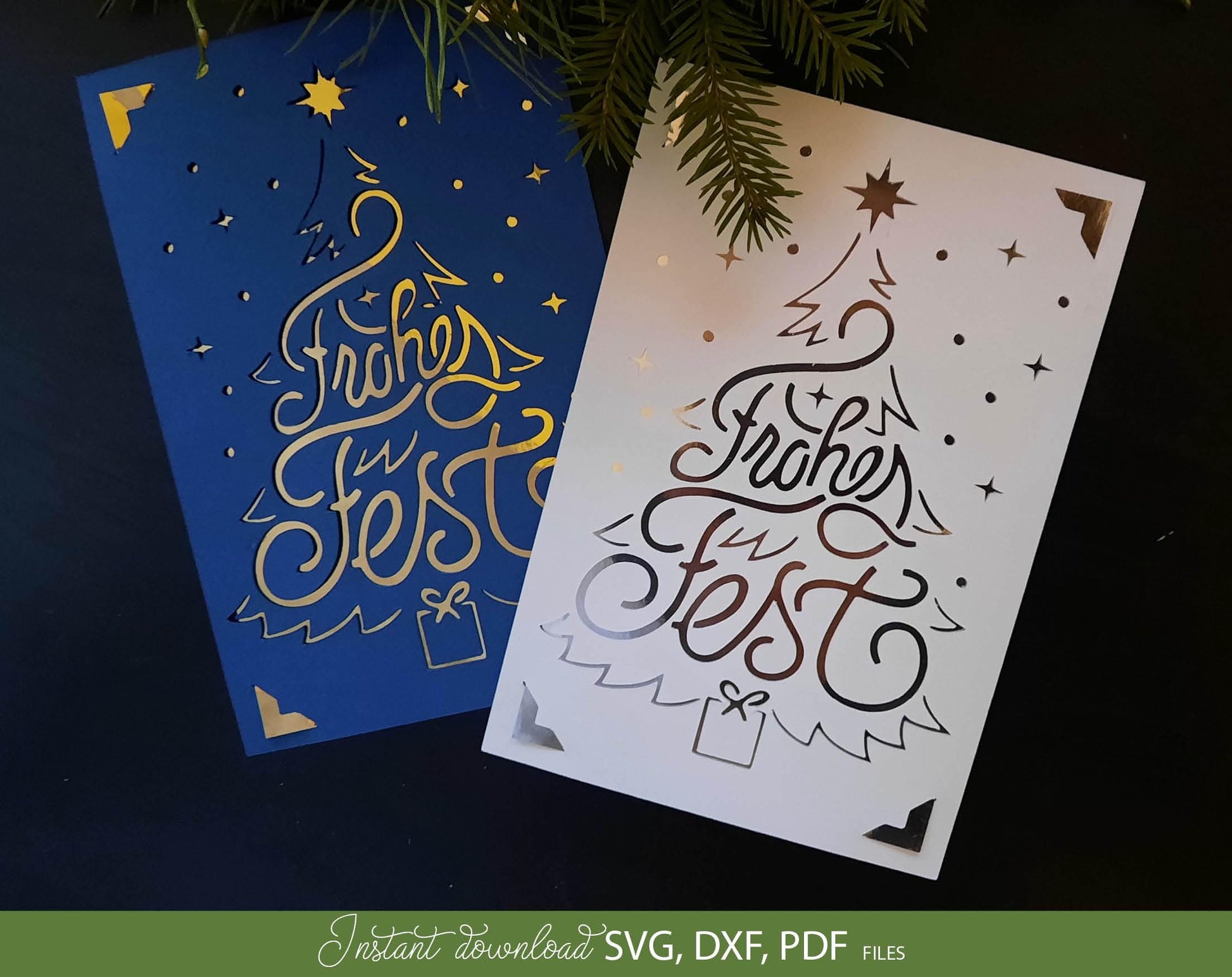 Frohe Fest Weihnachtskarte ausschneiden karte, Svg Png Dxf files included. Compatible with  Cricut Silhouette or other cut machine. Cut from paper and made beautiful Christmas card for Your loved ones. Buy now for a good price and enjoy!