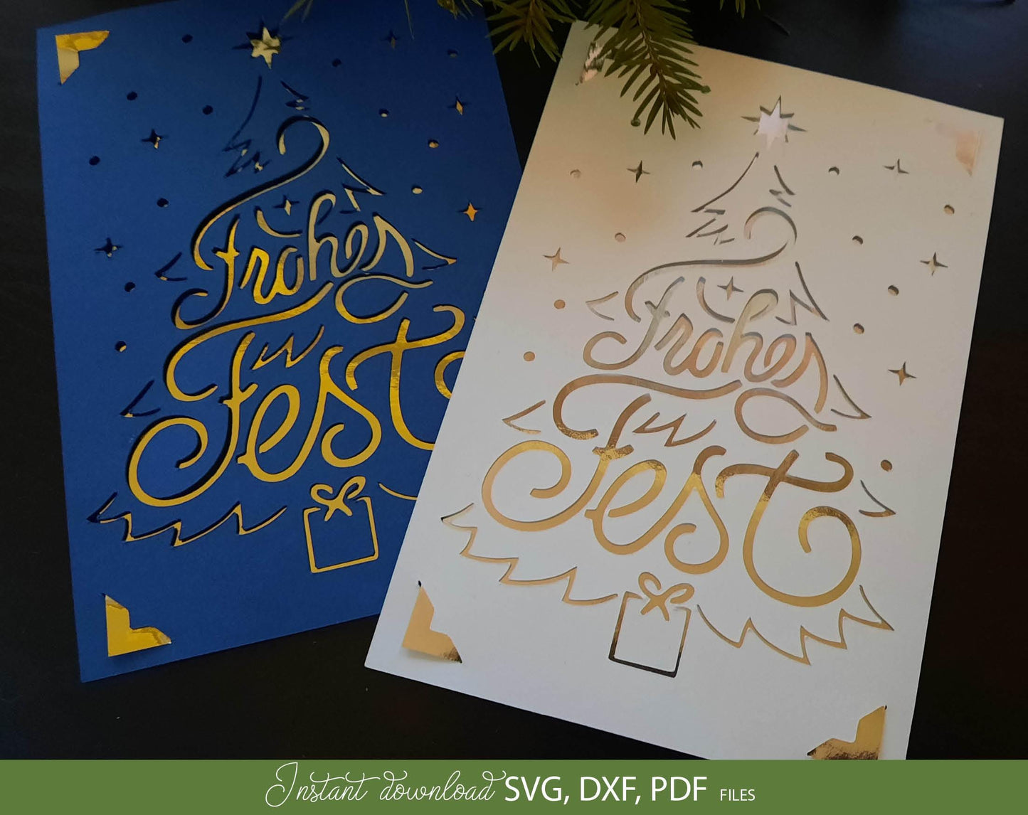 Frohe Fest Weihnachtskarte ausschneiden karte, Svg Png Dxf files included. Compatible with  Cricut Silhouette or other cut machine. Cut from paper and made beautiful Christmas card for Your loved ones. Buy now for a good price and enjoy!