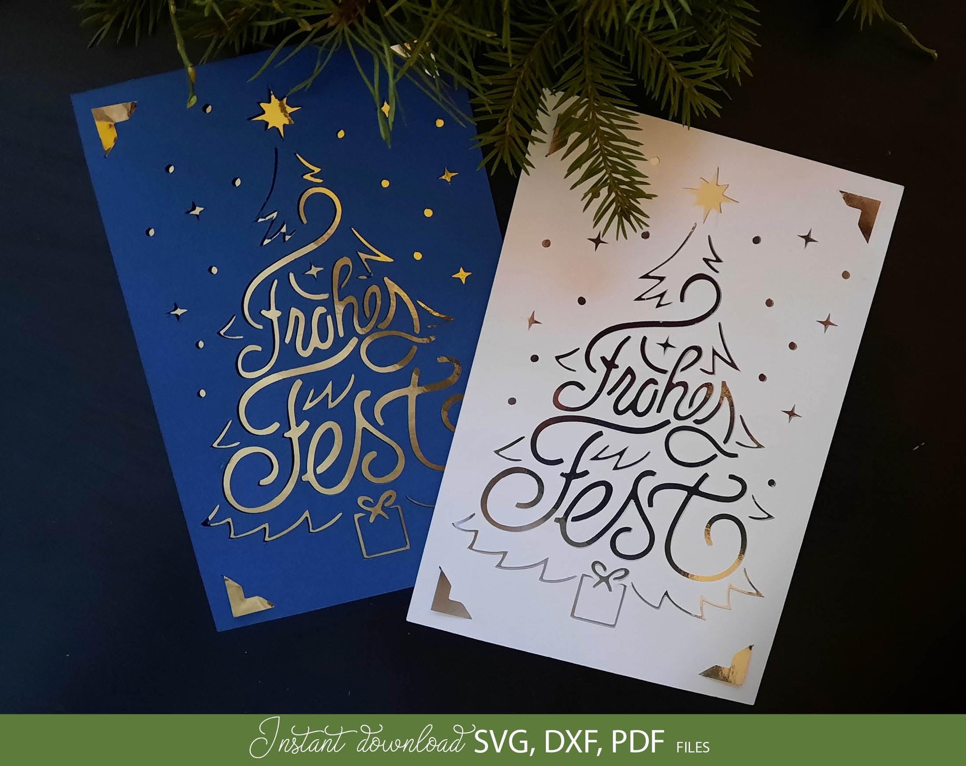 Frohe Fest Weihnachtskarte ausschneiden karte, Svg Png Dxf files included. Compatible with  Cricut Silhouette or other cut machine. Cut from paper and made beautiful Christmas card for Your loved ones. Buy now for a good price and enjoy!