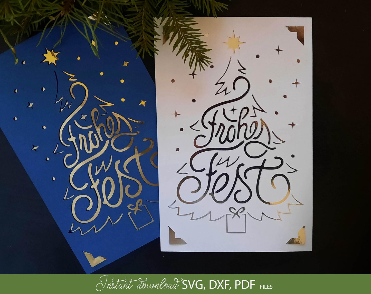 Frohe Fest Weihnachtskarte ausschneiden karte, Svg Png Dxf files included. Compatible with  Cricut Silhouette or other cut machine. Cut from paper and made beautiful Christmas card for Your loved ones. Buy now for a good price and enjoy!