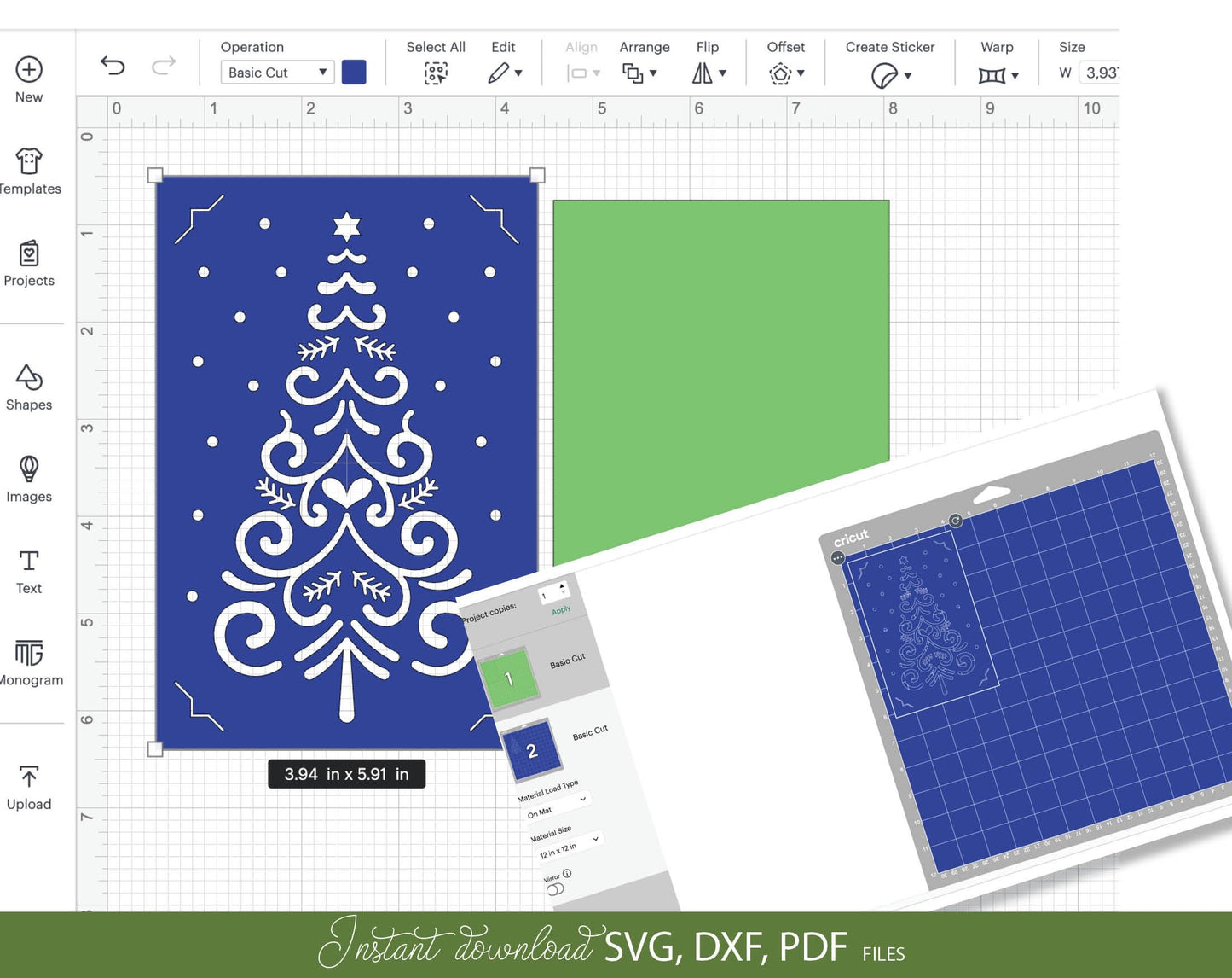 Weihnachtskarte im SVG, DXF, PDF-Format mit einem geschmückten Weihnachtsbaum, ideal für Cricut und Laserschneiden. Frohe Weihnachten auf der Karte.