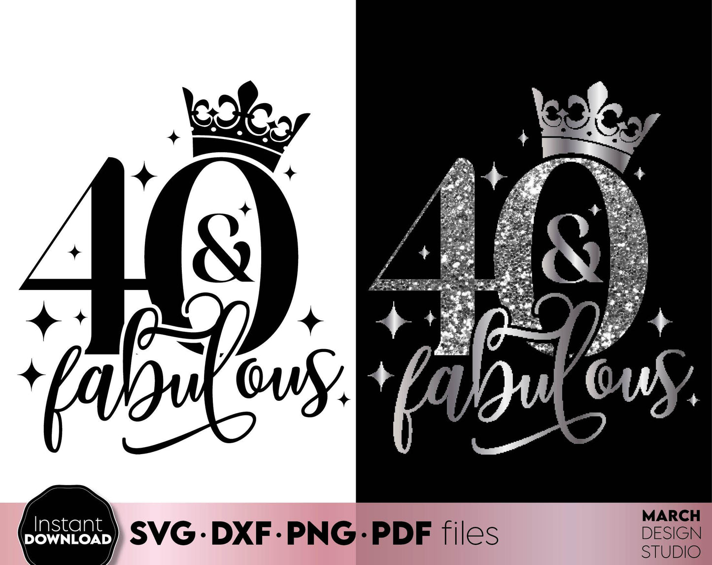 40 and fabulous design for 40th Birthday shirt design. SVG, PNG, EPS, DXF files included. Use for cutting from vinyl, sublimation or laser cut projects. Compatible with Cricut, Silhouette or other machines. Buy now for a good price and enjoy!