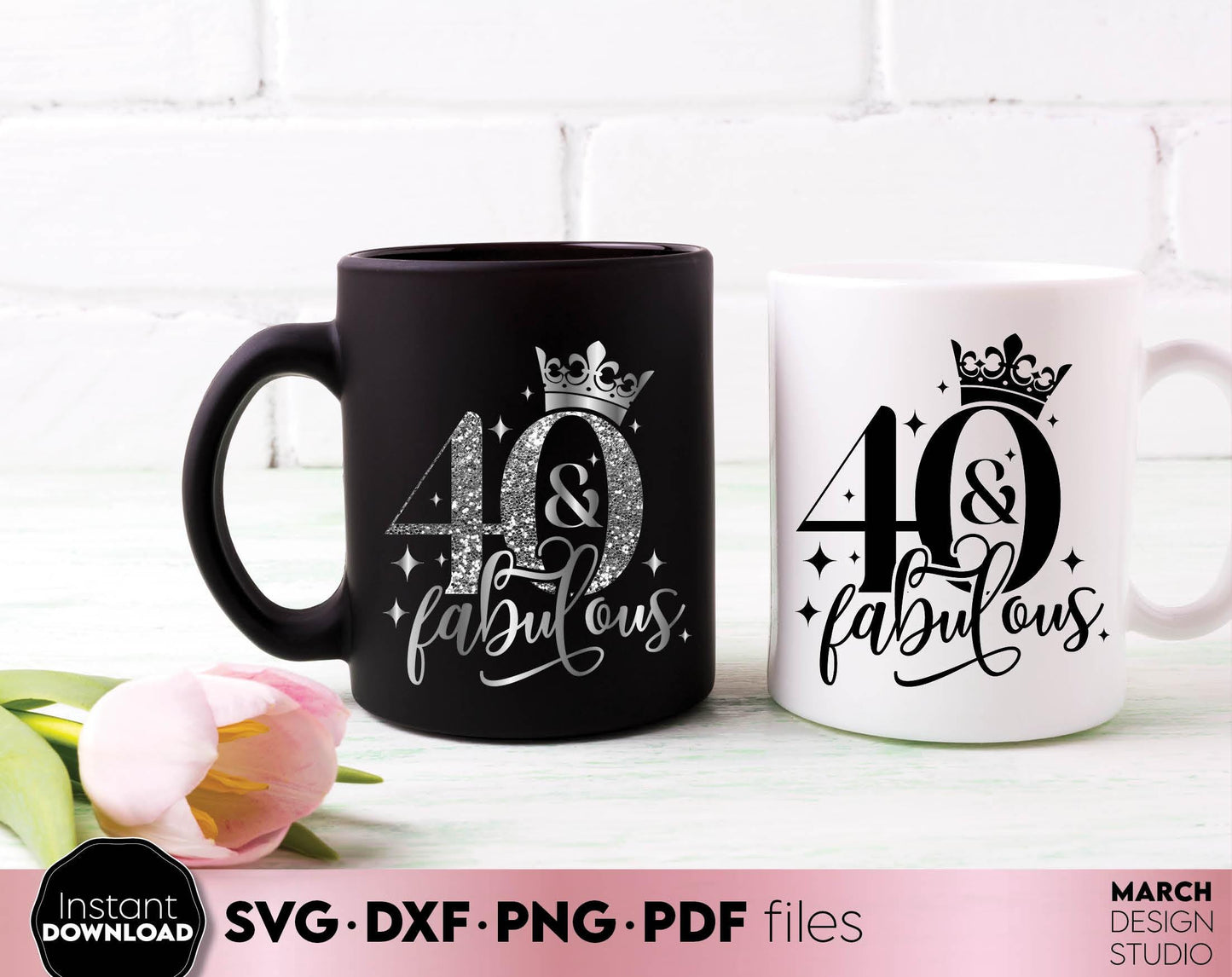 40 and fabulous design for 40th Birthday shirt design. SVG, PNG, EPS, DXF files included. Use for cutting from vinyl, sublimation or laser cut projects. Compatible with Cricut, Silhouette or other machines. Buy now for a good price and enjoy!