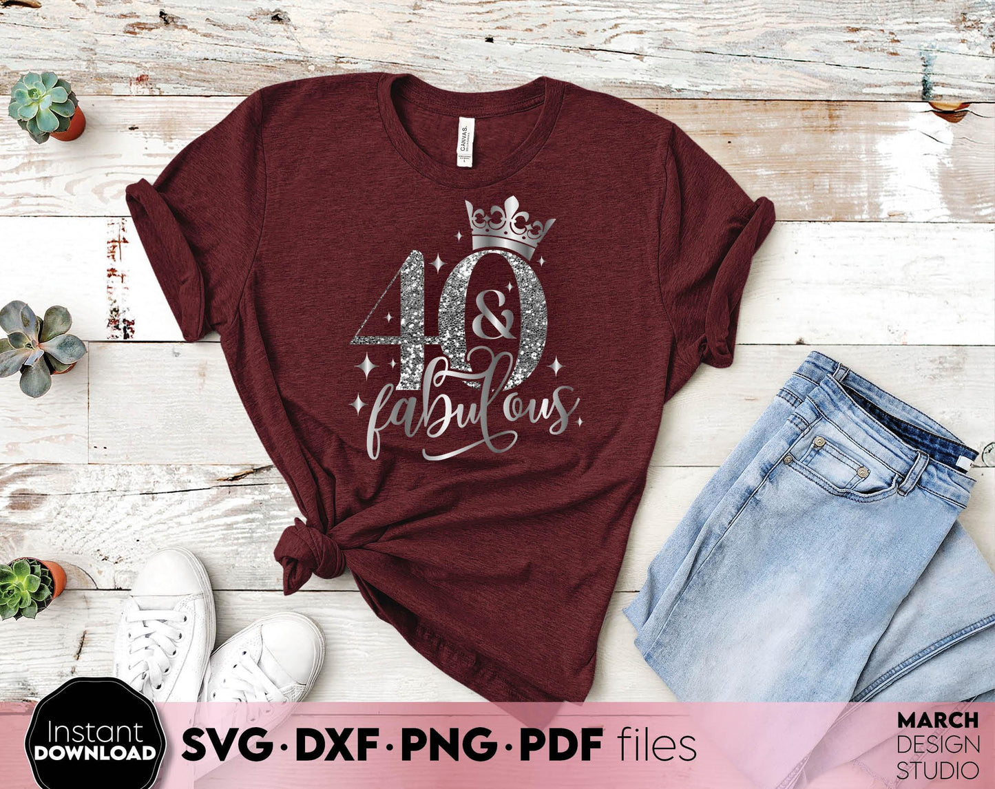 40 and fabulous design for 40th Birthday shirt design. SVG, PNG, EPS, DXF files included. Use for cutting from vinyl, sublimation or laser cut projects. Compatible with Cricut, Silhouette or other machines. Buy now for a good price and enjoy!