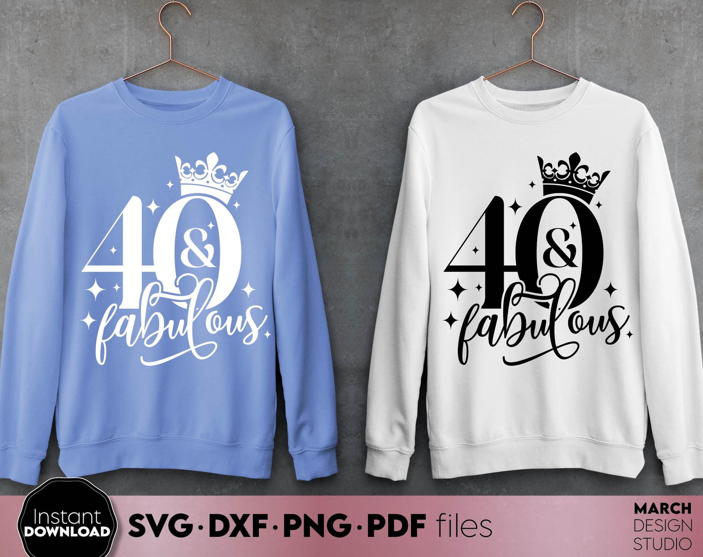 40 and fabulous design for 40th Birthday shirt design. SVG, PNG, EPS, DXF files included. Use for cutting from vinyl, sublimation or laser cut projects. Compatible with Cricut, Silhouette or other machines. Buy now for a good price and enjoy!