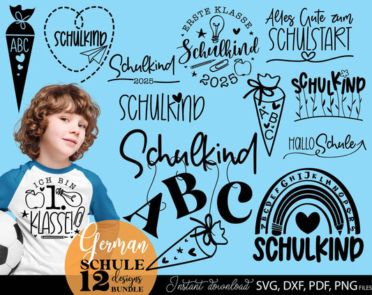 German Schulkind Plotterdatei bundle. SVG DXF PDF JPG PNG files included. Compatible With Cricut, Silhouette Studio, sublimation printers or other equipment. Cut from vinyl, use for sublimation or laser cut or grave projects. Buy now and enjoy!