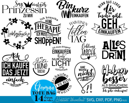 Plotterdatei taschen Sprüche bundle. German sayings svg png dxf pdf files included. Usable with Cricut, Silhouettestudio, lasercut, sublimation or UV DTF printers.
Buy now for a good price and enjoy!