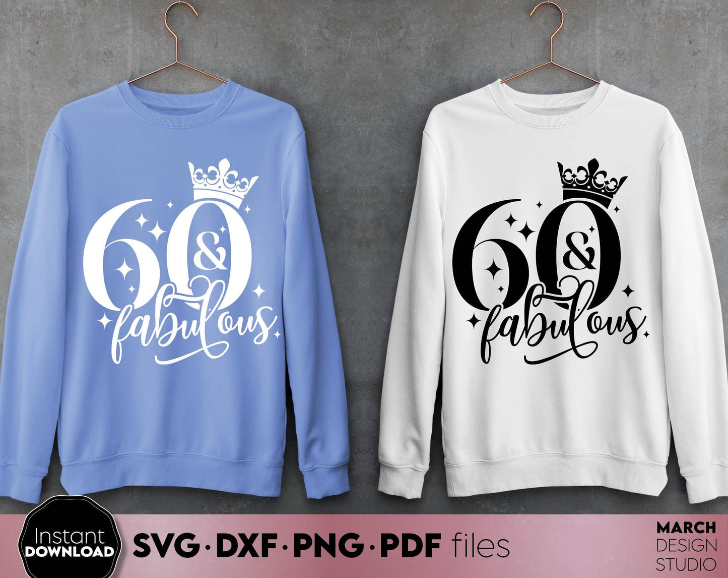 60 and fabulous shirt design for Your Birthday party. SVG PNG EPS DXF files included. Compatible with Cricut, Silhouette or other equipment. Use for cutting from vinyl, use for sublimation or laser cut projects. Buy now for a good price and enjoy!