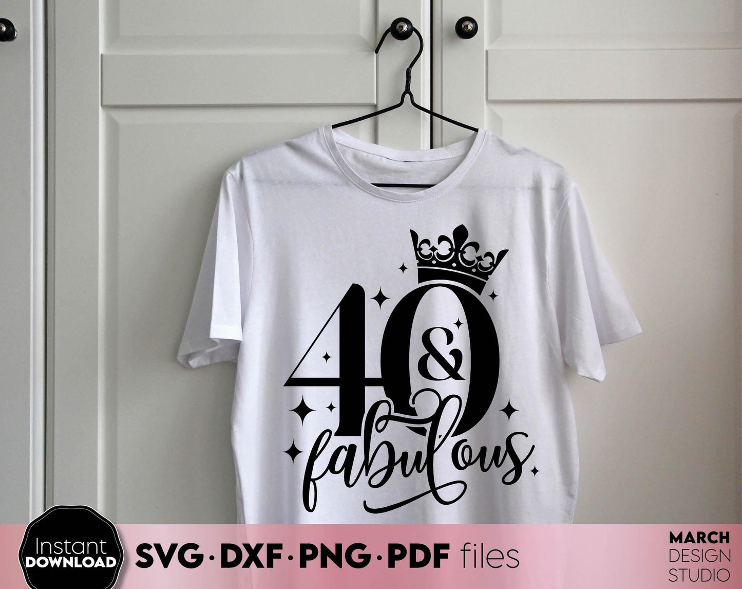 40 and fabulous design for 40th Birthday shirt design. SVG, PNG, EPS, DXF files included. Use for cutting from vinyl, sublimation or laser cut projects. Compatible with Cricut, Silhouette or other machines. Buy now for a good price and enjoy!