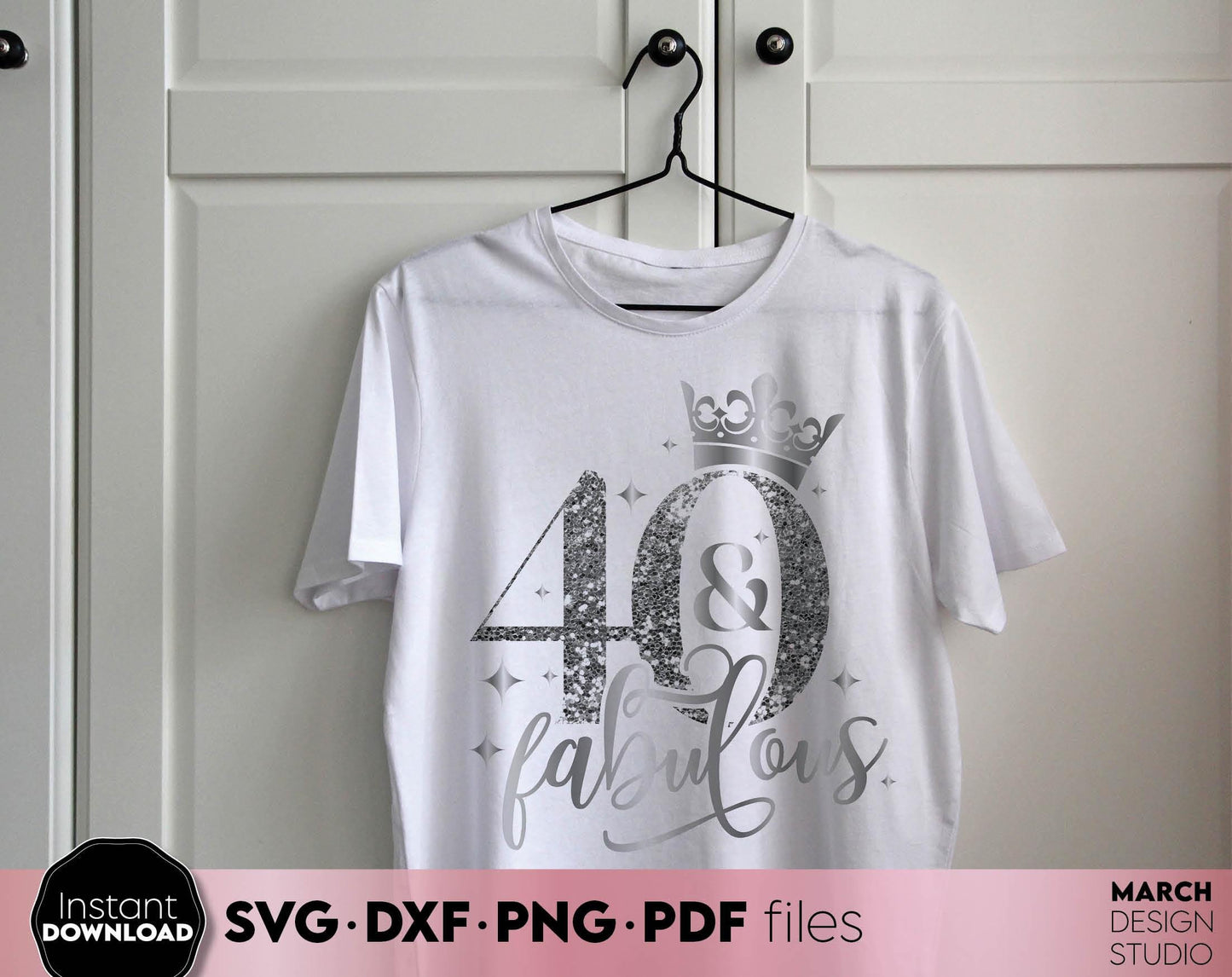 40 and fabulous design for 40th Birthday shirt design. SVG, PNG, EPS, DXF files included. Use for cutting from vinyl, sublimation or laser cut projects. Compatible with Cricut, Silhouette or other machines. Buy now for a good price and enjoy!